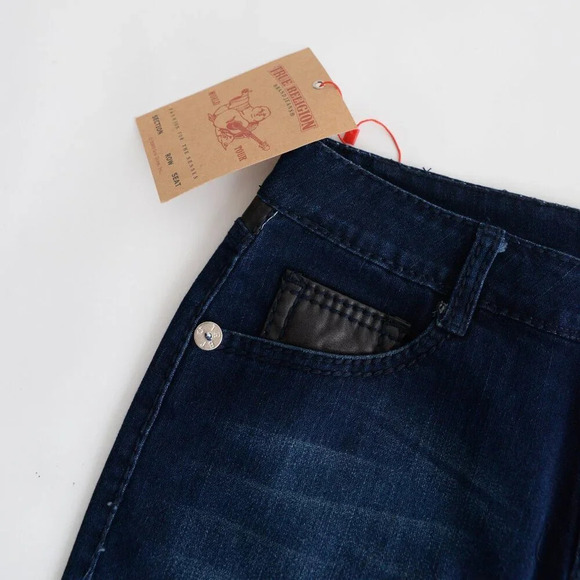 True Religion '03 Y2K Dark Wash With Leather Accent Mini Denim Low Rise Skirt 29 - Picture 7 of 13